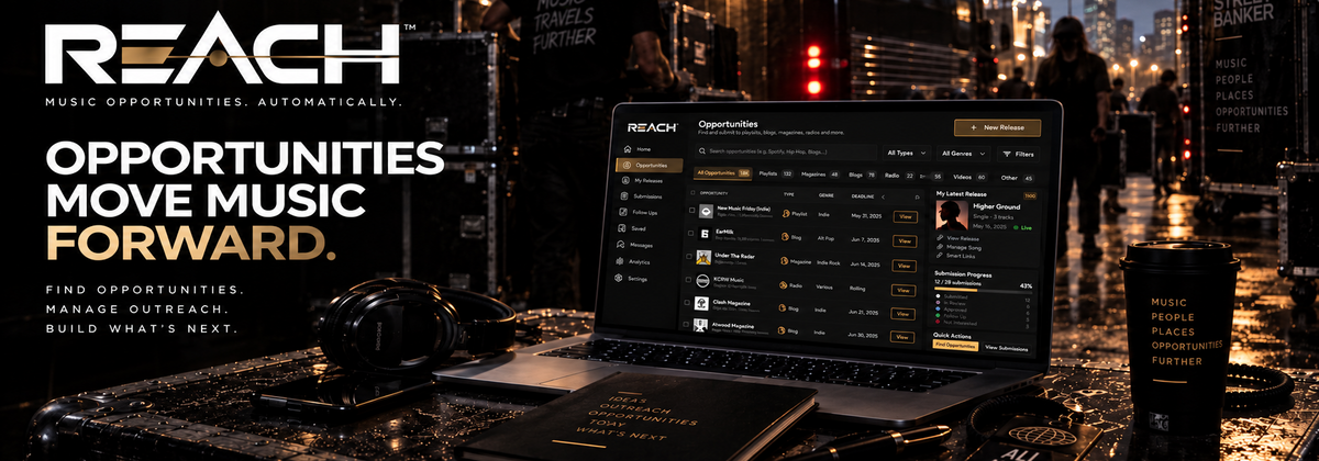A promotional scene for REACH music opportunities, showing a laptop on a wet street at night with a music production interface displayed on the screen. A black t-shirt with gold text, a black mug with gold text, and a notebook are also visible.